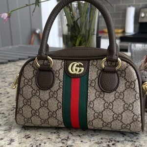 Gucci Beige GG Canvas Mini Bag with Green-Red Web and Brown Trim